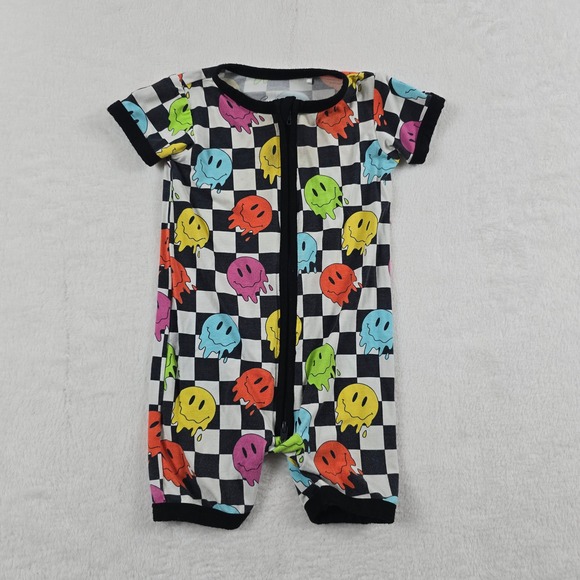 Crew + Company Other - Crew + Company Baby Bamboo Romper 6-12M Checkered Melting Smiley Face Zip Shorty